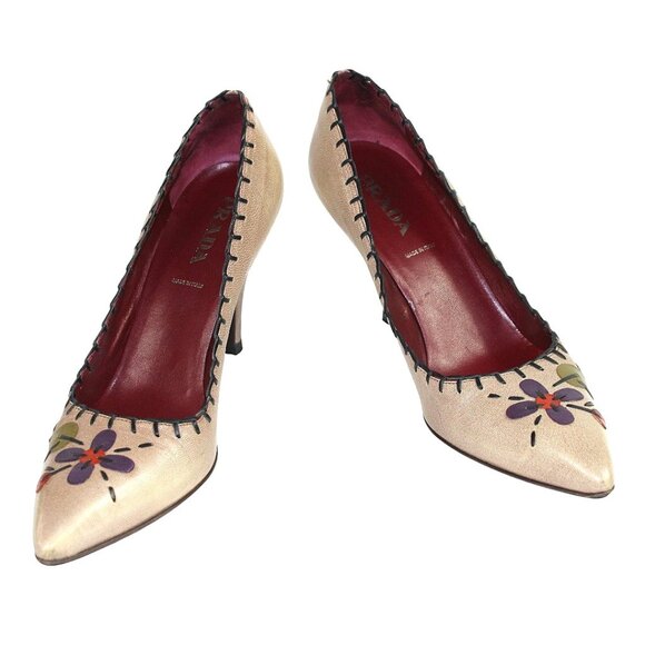 Prada Vintage Floral Appliqué Taupe Purple Detailing Slip-On Heel Size 37 (US 6) - Picture 6 of 12